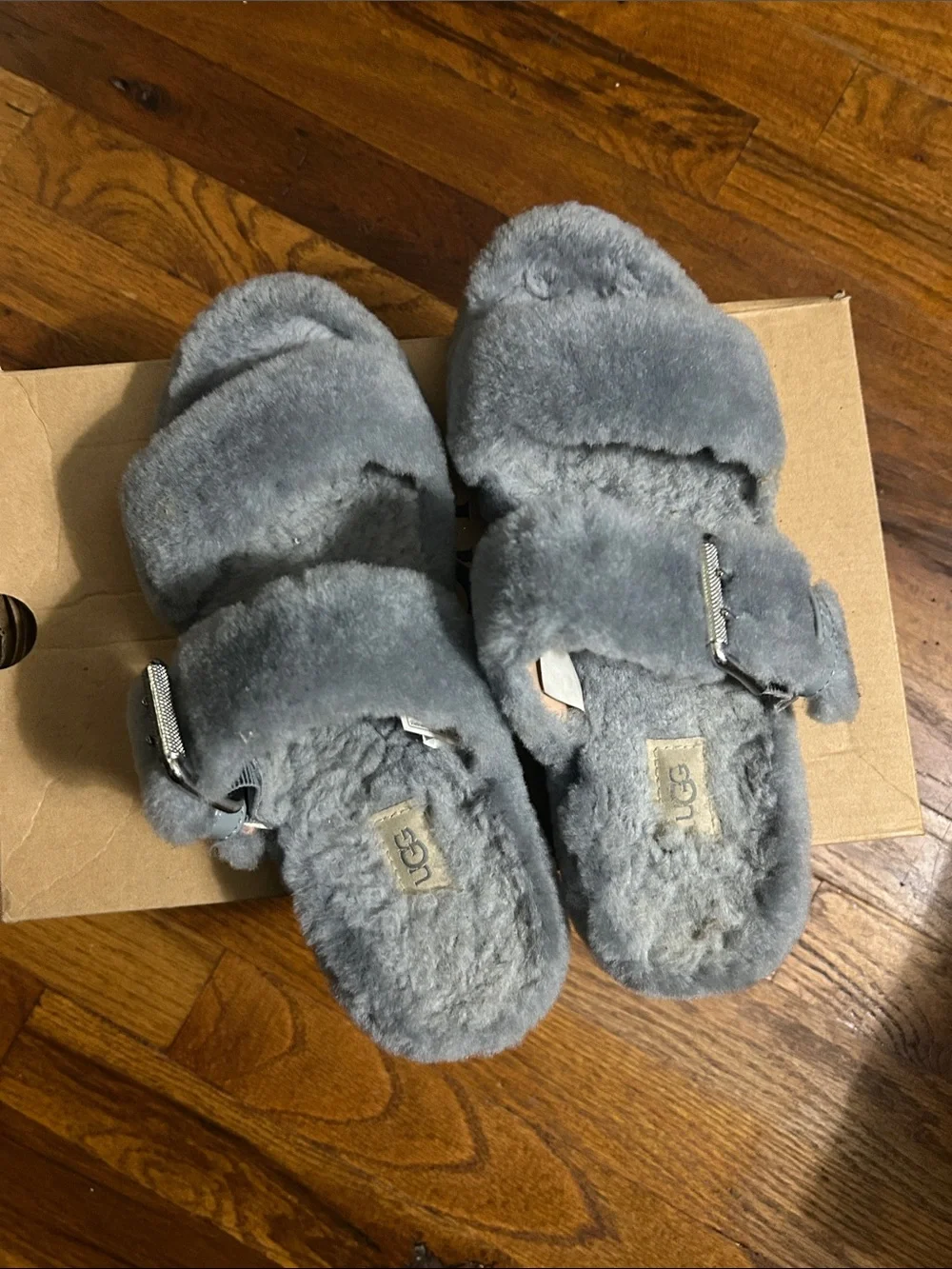 UGG Gray Fluff Double-Strap Slide Sandals with Buckle
